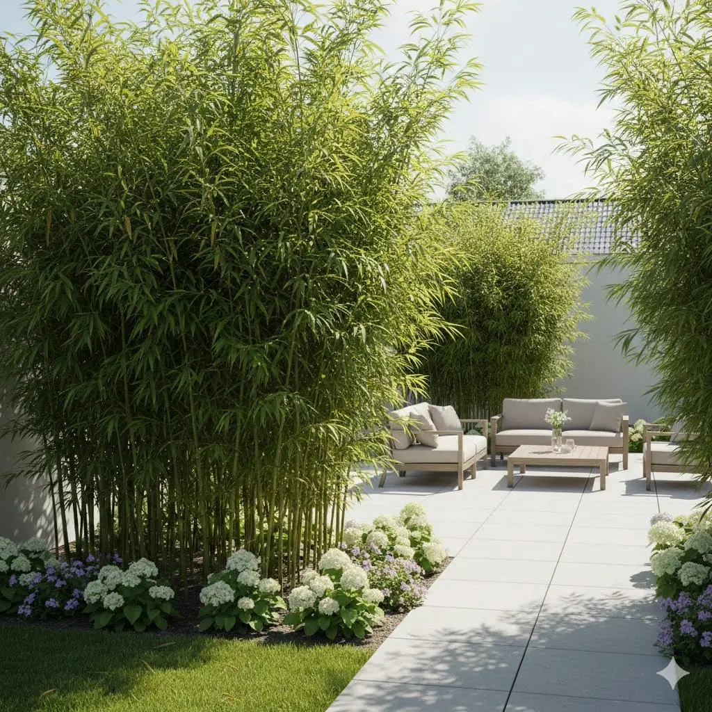 Et moderne havebillede med klumpdannende bambus i centrum. Haven er minimalistisk og stilren, med grønne bambusplanter, der danner en tæt hæk. Baggrunden viser en elegant terrasse med lyse fliser, enkelte moderne havemøbler og diskrete blomsterbede. Solen skinner, og stemningen er rolig og indbydende, perfekt til afslapning i en nutidig dansk have.