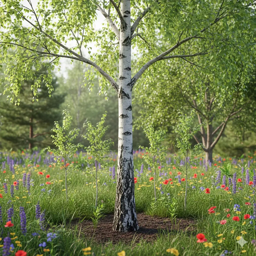 Et majestætisk birketræ står midt i en frodig, nordisk have. Sollyset filtrerer blidt gennem de lette, lysegrønne blade, mens træets hvide bark skinner i kontrast til den mørke, næringsrige jord. I baggrunden ses flere unge birketræer, der spirer op som pionerplanter, omgivet af vilde blomster og græsser. Stemningen er rolig, optimistisk og fuld af liv – et symbol på naturens evne til at rense luften og skabe balance i miljøet.
