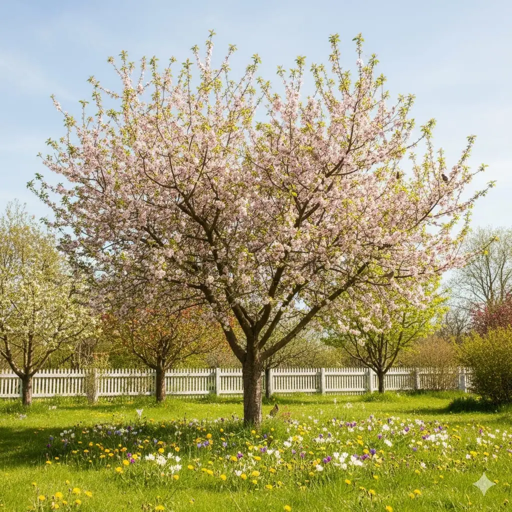 Et blomstrende blommetræ i forårssol, omgivet af frodigt grønt græs og farverige blomster. I baggrunden ses en hyggelig dansk have med et lille træhegn og blå himmel. Stemningen er fredfyldt og optimistisk, og billedet udstråler glæde ved natur og selvforsyning.