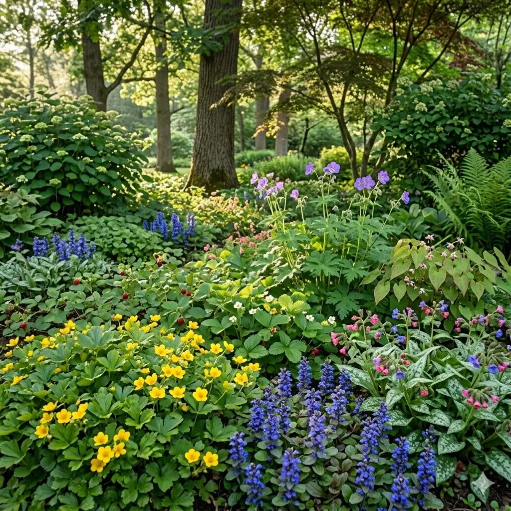 Et inspirerende havebillede, der viser et frodigt bunddække under let skyggede træer og buske. I forgrunden ses tætte tæpper af guldjordbær med gule blomster, krybende læbeløs med blå blomster, og lungeurt med plettede blade og lyserøde blomster. Skovjordbær og krybende hindbær breder sig imellem, mens storkenæb og bispehue skaber variation i højden. Stemningen er rolig og naturlig, med et indtryk af en ukrudtsfri, nem og smuk have, hvor planterne vokser tæt sammen og dækker jorden effektivt.