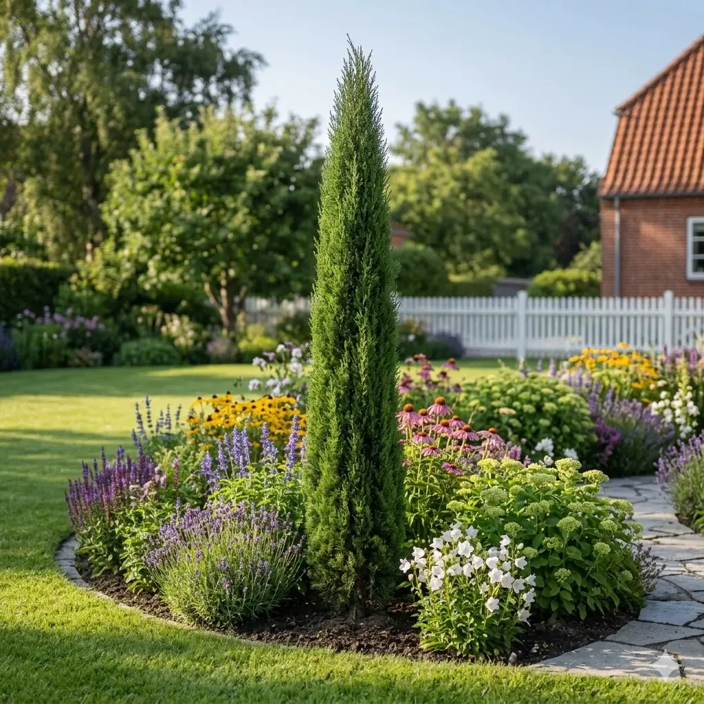 Et smalt, stedsegrønt cyprestræ står elegant i en frodig dansk have. Træet har tætte, mørkegrønne nåle og en slank, opret vækstform. Rundt om træet ses blomstrende stauder og grønne buske, mens morgensolen kaster bløde skygger på græsplænen. Stemningen er rolig og indbydende, og haven fremstår velplejet og inspirerende.