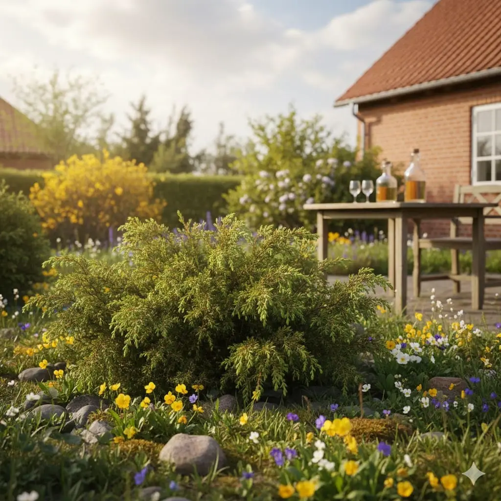En frodig have i foråret med en smuk, grøn enebærbusk i centrum. Solen skinner blidt gennem lette skyer, og busken står omgivet af vilde blomster og små sten. I baggrunden ses et hyggeligt havebord med en karaffel hjemmelavet enebær-snaps og to glas. Stemningen er rolig, naturlig og indbydende, med fokus på bæredygtighed og glæden ved havearbejde.