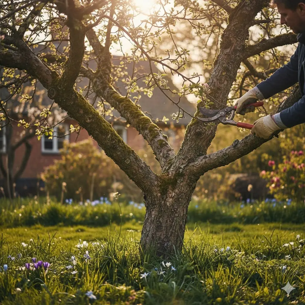 Et gammelt æbletræ i en frodig have, hvor en person med beskæringssaks nænsomt beskærer grenene under forårssolens varme stråler. Træet har knudrede grene, mos på barken og små, spæde blomsterknopper, mens grønne græsstrå og vilde blomster vokser omkring stammen. Stemningen er fredfyldt og inspirerende, med fokus på naturens cyklus og glæden ved at pleje gamle æblesorter.