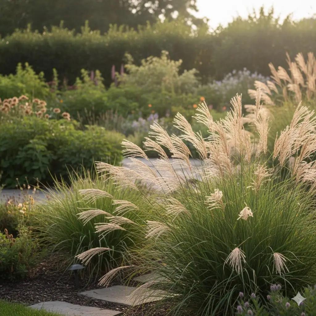 Et moderne havebillede med prydgræsser i fokus. I forgrunden ses høje, elegante elefantgræsser med lette, svajende aks. Baggrunden viser en velplejet have med grønne buske og enkelte blomstrende planter. Stemningen er rolig og inspirerende, og lyset er blødt, som en tidlig sommermorgen. Farverne er naturlige og harmoniske, og billedet udstråler både struktur og lethed, perfekt til en moderne have med vinterstruktur.