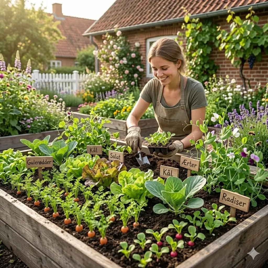 Et frodigt, solbeskinnet højbed i en dansk have, fyldt med grønne, sunde grøntsager som gulerødder, salat, kål, ærter og radiser. I baggrunden ses en glad nybegynder-gartner med havehandsker, der planter små spirer. Stemningen er optimistisk og bæredygtig, med fokus på selvforsyning og glæden ved at dyrke sin egen mad. Farverne er friske og naturlige, og der er små skilte med grøntsagsnavne i jorden.