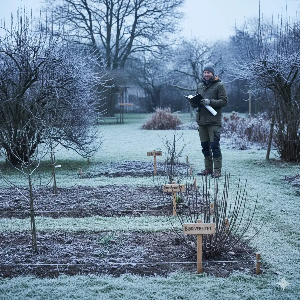 Et inspirerende vinterbillede af en dansk have i februar: Haven ligger i dvale med bare grene, let rimfrost på jorden og et blødt, diffust vinterlys. I forgrunden ses markerede områder, hvor der skal plantes træer og buske, og små skilte markerer placeringer for fremtidig biodiversitet og læ. I baggrunden står en gartner med notesbog og planteplan, klar til at tage de første skridt mod forårets havearbejde. Stemningen er rolig, men fuld af forventning og handlekraft.