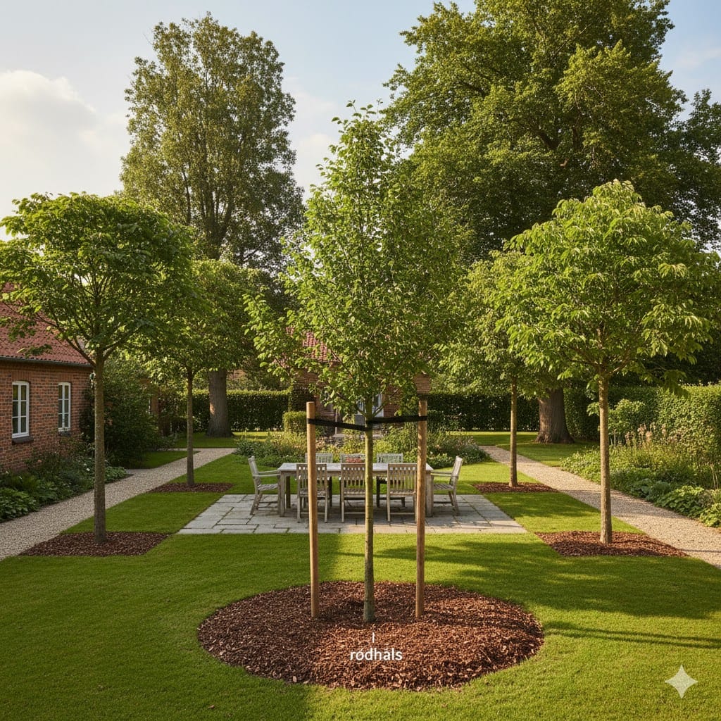 Et inspirerende havebillede, der viser en frodig, velplanlagt have med flere modne træer i forskellige størrelser og former. I forgrunden ses et nyplantet træ med bredt, grunt plantehul, dækket af barkflis omkring rødderne, og tydelig rodhals i niveau med jordoverfladen. I baggrunden ses større træer, der kaster behagelig skygge over en terrasse, mens andre træer står med god afstand til hus og stier. Stemningen er rolig og harmonisk, med fokus på træernes naturlige vækst, sunde omgivelser og den langsigtede glæde ved at lade træerne udvikle sig til deres fulde potentiale.