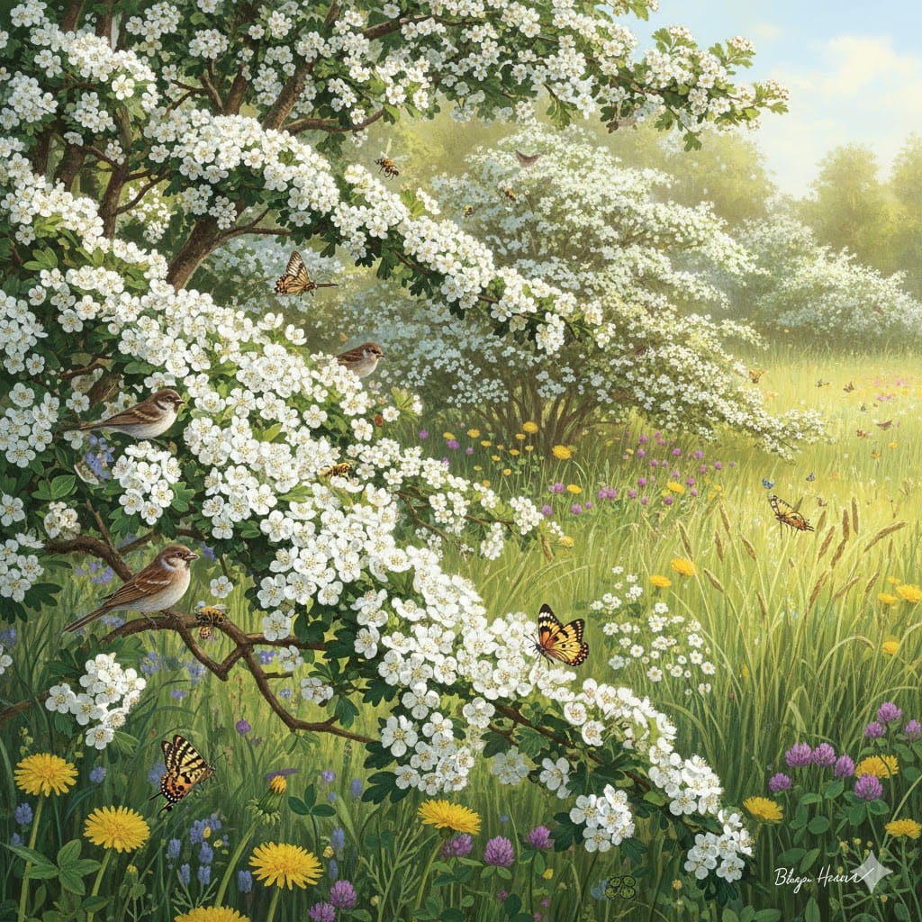 En frodig, vild have i foråret med en tæt hvidtjørn hæk i blomst. Hækken er fyldt med hvide blomster, og små fugle sidder i grenene, mens bier og sommerfugle summer omkring. I baggrunden ses et naturligt, grønt havemiljø med vilde blomster og højt græs, der understreger havens biodiversitet og liv. Stemningen er lys, optimistisk og fuld af liv.