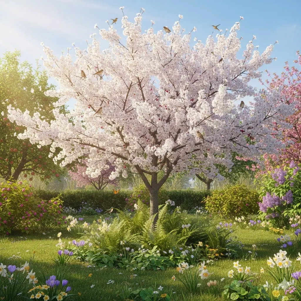 Et stemningsfuldt billede af en frodig, dansk have i forårssol, hvor et blomstrende kirsebærtræ står centralt med hvide blomsterskyer over grenene. Under træet ses et naturligt bunddække af grønne planter og blomster, og i baggrunden anes flere frugttræer og buske, der skaber lag i haven. Nogle fugle sidder i træet eller flyver omkring, mens et par modne kirsebær hænger tilbage på grenene. Stemningen er fredelig og livlig, med fokus på både biodiversitet, spiselighed og æstetik.