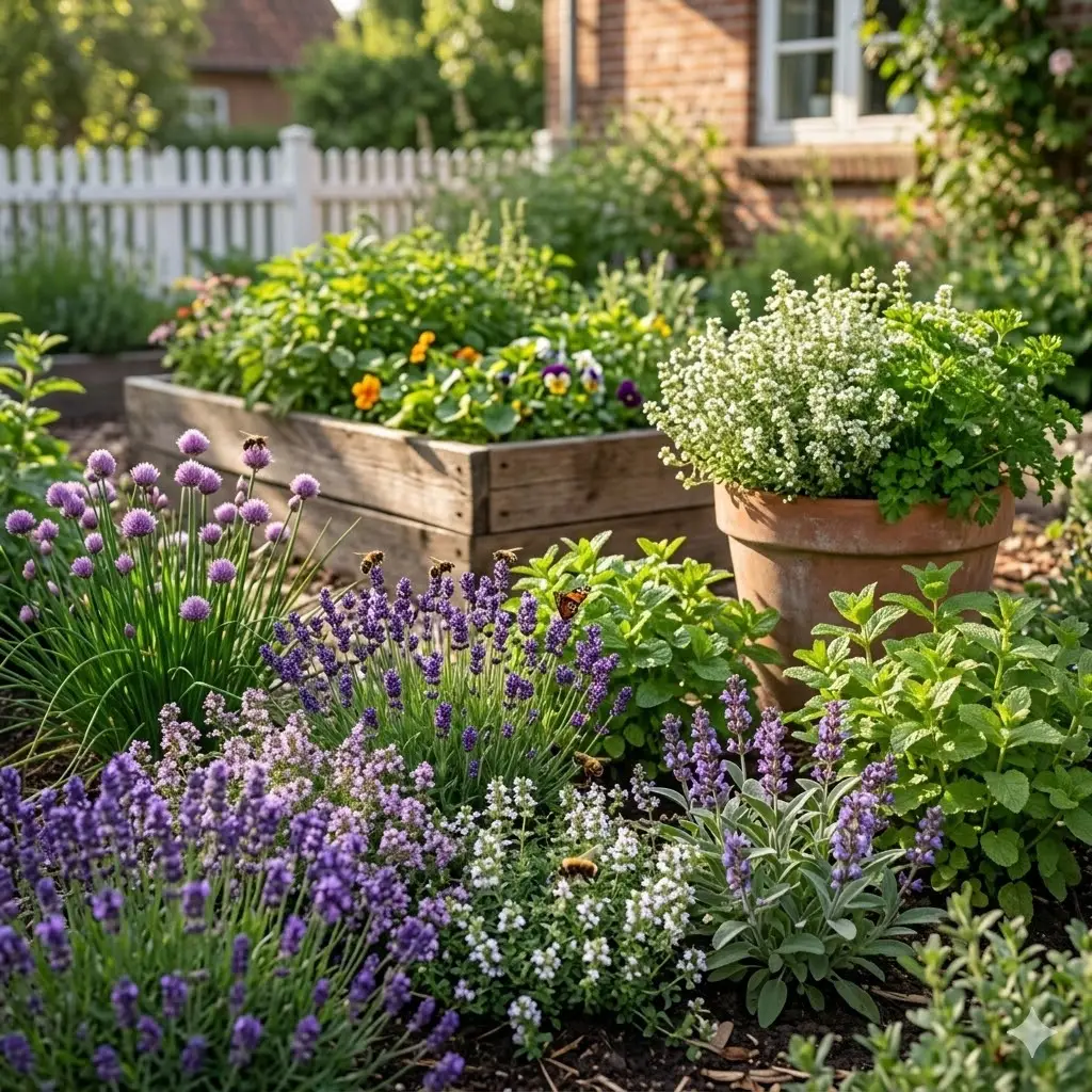 Et stemningsfuldt billede af en dansk have i sommerlys med et varieret bed af flerårige krydderurter. Foran ses lavendel, timian og salvie i blomst, omgivet af purløg, mynte og citronmelisse. Bier og sommerfugle sværmer omkring de lilla og hvide blomster. I baggrunden står et højbede og en krukke med frodige urter. Stemningen er frodig, naturlig og indbydende, med fokus på biodiversitet og spiselige blomster.