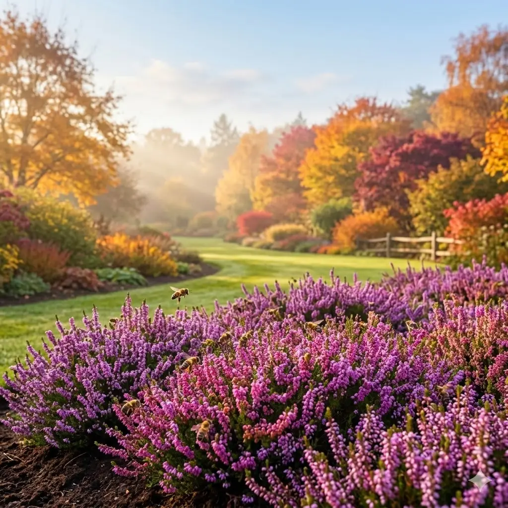 Et farverigt efterårslandskab med blomstrende lyng, der dækker jorden som et levende tæppe. Solen skinner blidt gennem let tåge, bier summer omkring de lilla og rosa blomster, og i baggrunden ses grønne træer og en blå himmel. Stemningen er fredelig og indbydende, perfekt til at illustrere fordelene ved efterårslyng som bunddække i haven.