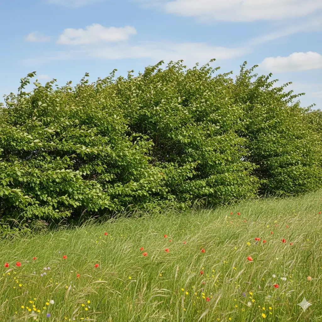 En tæt, frodig navrhæk, der står stærkt i vinden på en dansk mark. Hækken er grøn og sund, med karakteristiske takkede blade og robuste grene. Baggrunden viser en blå himmel med lette skyer, og i forgrunden ses små vilde blomster og græs, der bøjer sig i vinden. Stemningen er rolig og naturlig, med fokus på hækkens styrke og skønhed i det åbne landskab.