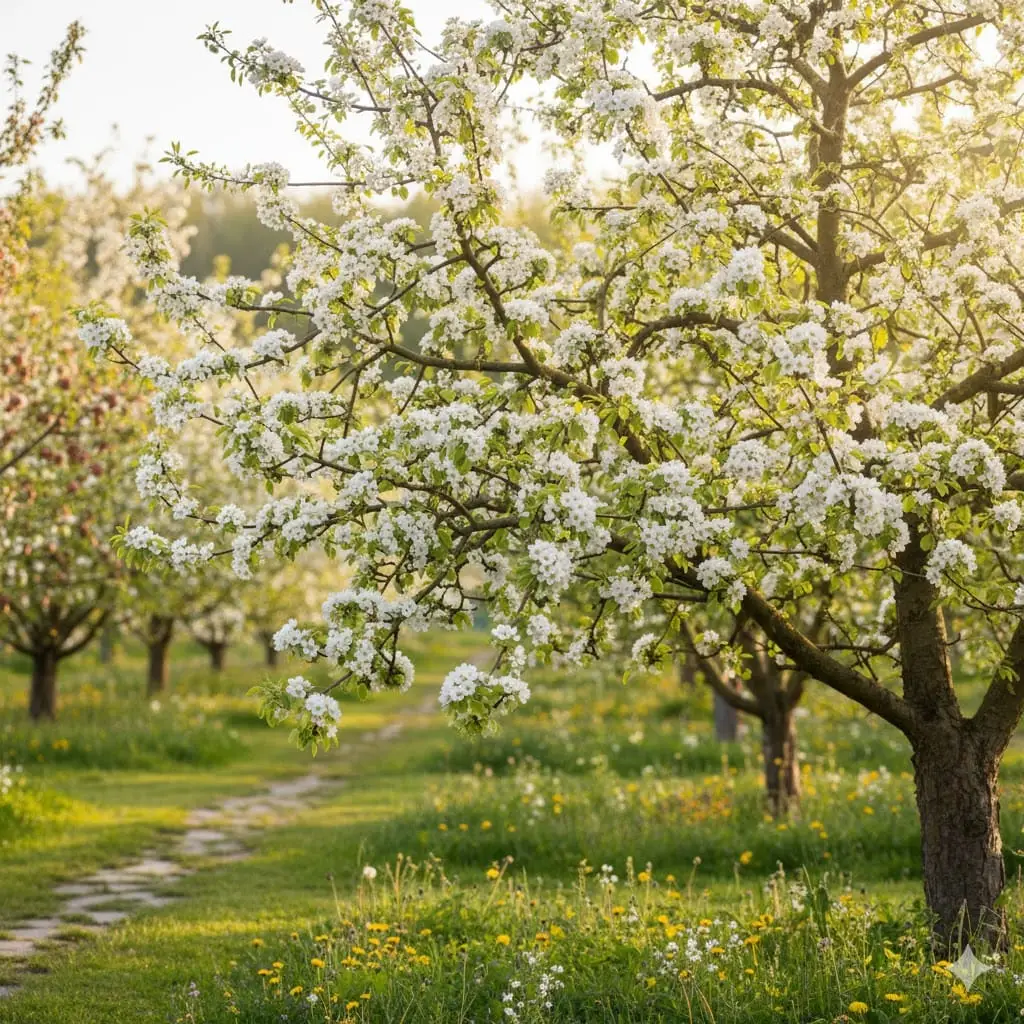 Et stemningsfuldt billede af et blomstrende pæretræ i en frodig frugthave om foråret. Sollyset filtrerer gennem de lysegrønne blade, og de hvide blomster står i fuldt flor. I baggrunden ses flere frugttræer og en velplejet have, der udstråler sundhed og vitalitet. Stemningen er rolig og optimistisk, med fokus på naturens skønhed og forårets fornyelse.