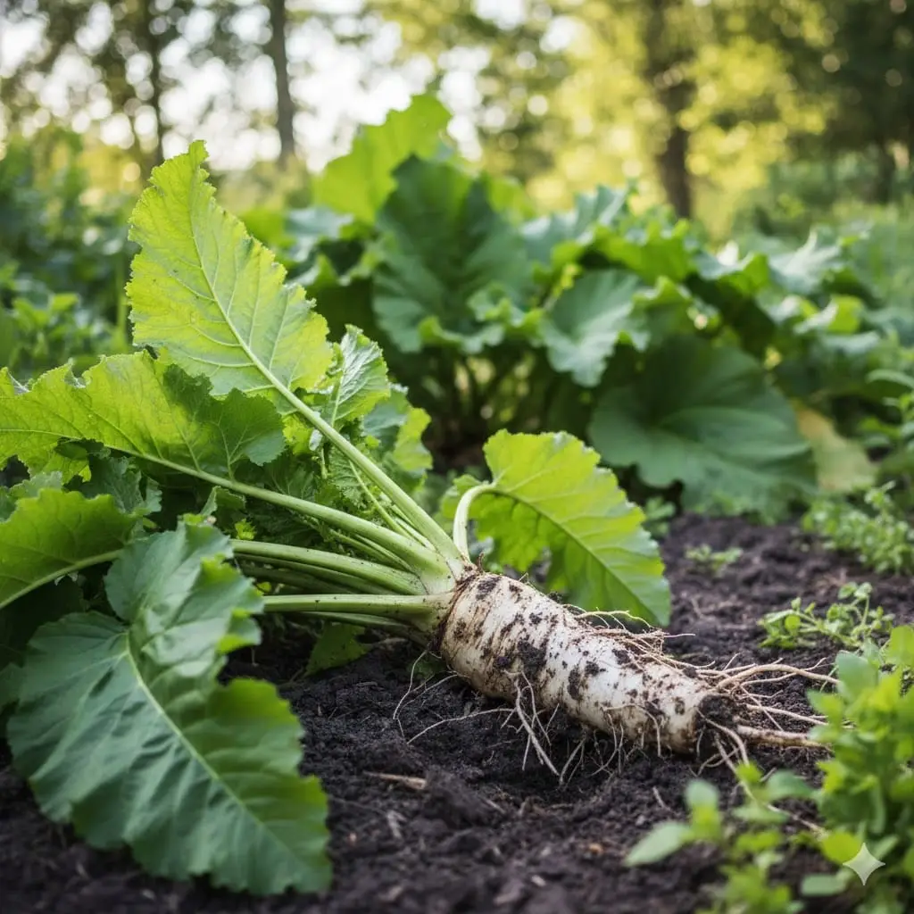 Et stemningsfuldt billede af frisk peberrod (Armoracia rusticana) i en frodig have. I forgrunden ses de kraftige, grønne blade og en stor, hvid rod, der netop er gravet op af den mørke, næringsrige jord. Solen skinner blidt, og i baggrunden anes andre flerårige planter som rabarber. Stemningen er naturlig, frodig og inspirerende – billedet udstråler både robusthed og nordisk haveglæde.