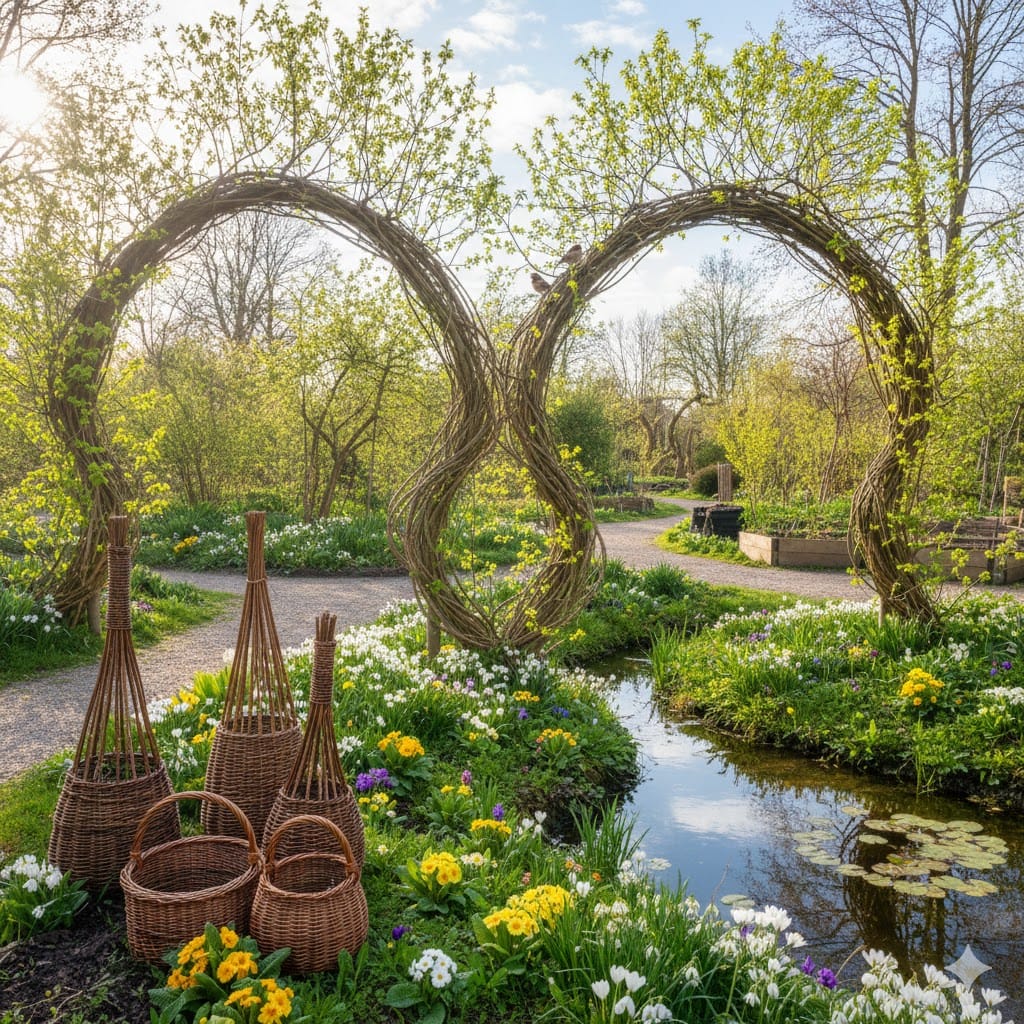 En frodig dansk have i foråret, hvor piltræer vokser langs et snoet havehegn. Sollyset filtrerer blidt gennem de grønne blade, og små fugle sidder på grenene. I forgrunden ses kurve og flettede elementer lavet af pil, omgivet af blomstrende planter og en lille dam med klart vand, der reflekterer himlen. Stemningen er fredfyldt og naturlig, med fokus på bæredygtighed og harmoni i haven.