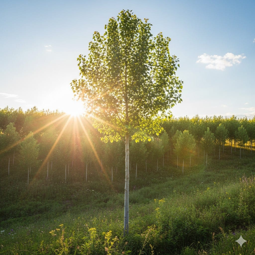 Et inspirerende billede af et hurtigtvoksende poppeltræ, der står midt i et frodigt landskab. Træet har lysegrønne blade og en slank, opret stamme. I baggrunden ses flere poppeltræer, der danner et effektivt læbælte, mens solen skinner gennem bladene og skaber et naturligt, optimistisk lys. Stemningen er livlig og håbefuld, og billedet illustrerer både træets hurtige vækst og dets evne til at binde CO2.