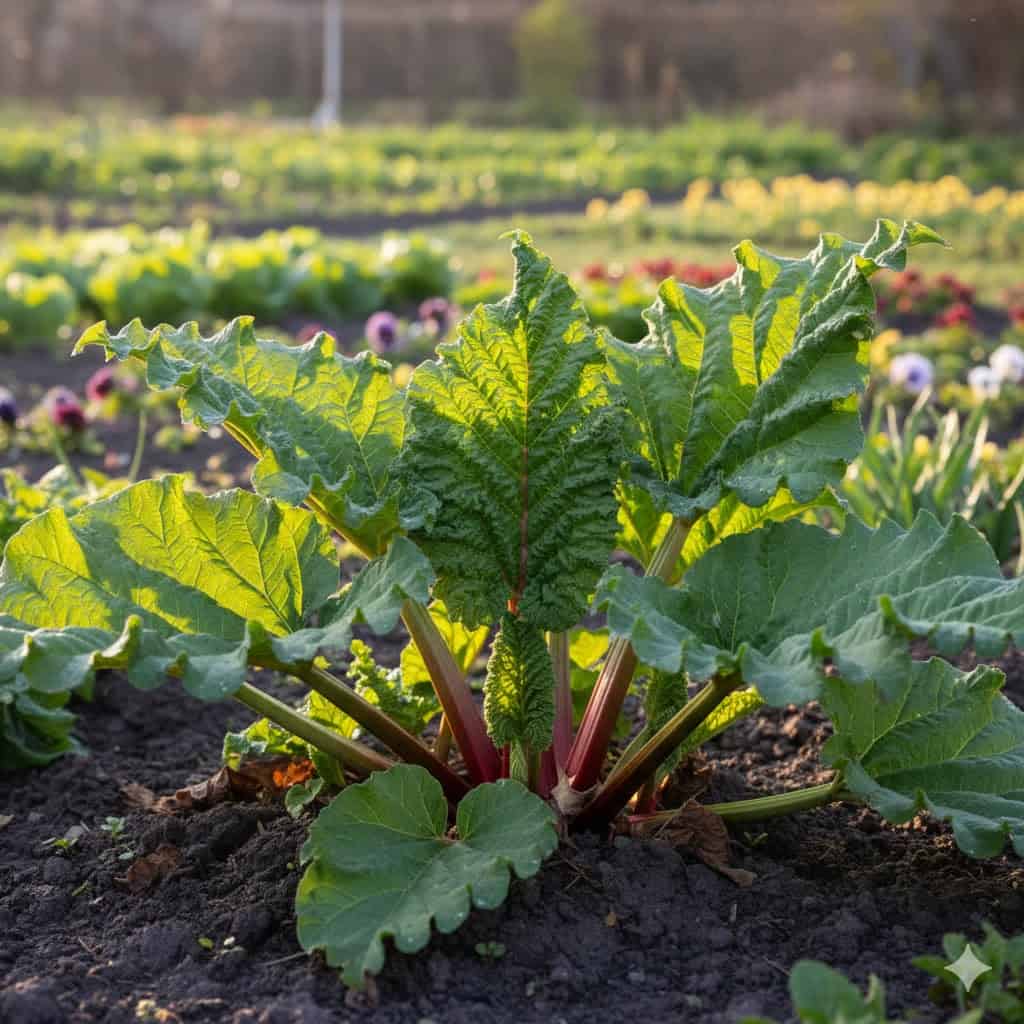Et stemningsfuldt forårsbillede af en frodig rabarberplante i haven. Store, grønne blade breder sig ud over jorden, mens kraftige, røde stængler strækker sig opad i morgensolen. I baggrunden anes et klassisk dansk havebed med blomster og grøntsager. Stemningen er frisk, livlig og fuld af forventning til sæsonens første høst.