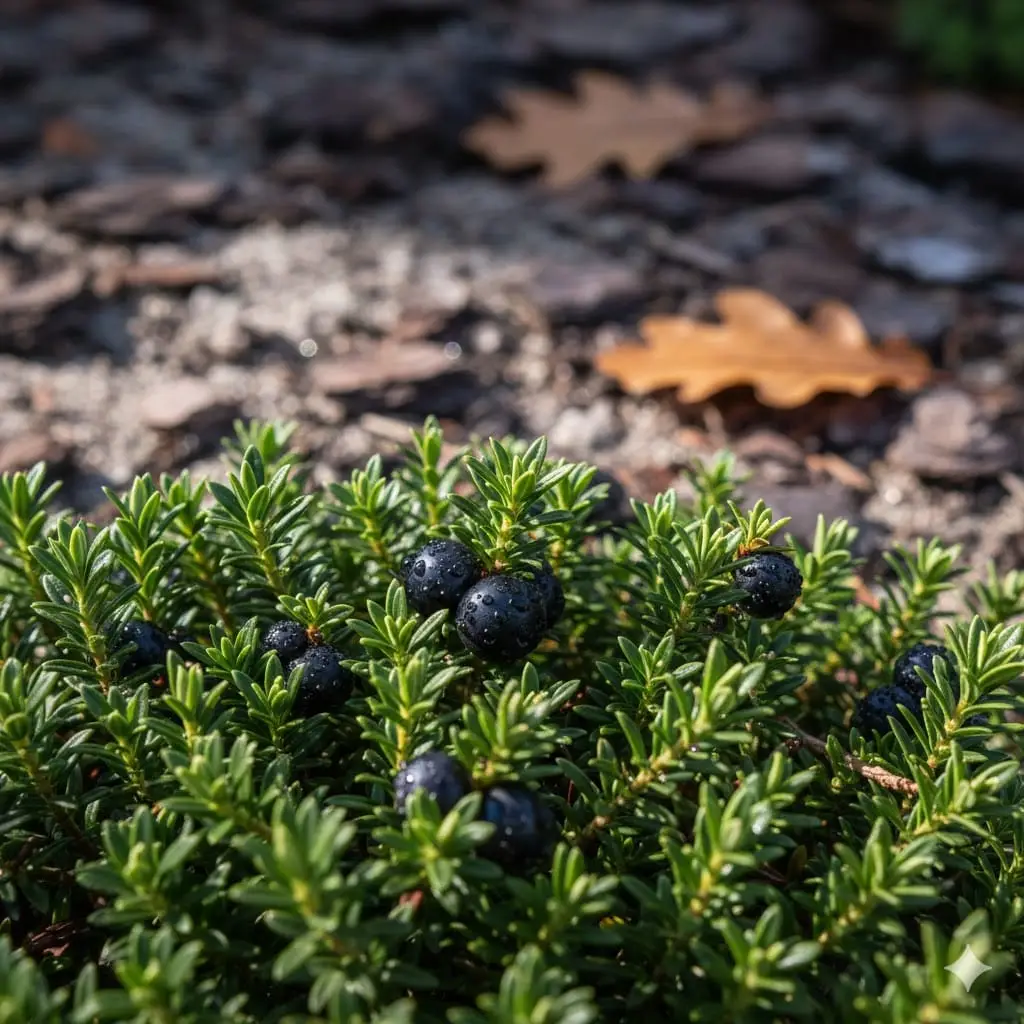Et stemningsfuldt nærbillede af revling (Empetrum nigrum) i et dansk surbundsbed. Fokus på de tætte, stedsegrønne, nåleformede blade og de små, blanksorte bær, der lyser op mellem bladene. Baggrunden er let sløret og viser sandet jord og enkelte egeblade, mens sollys filtrerer ned og skaber et naturligt, nordisk udtryk.
