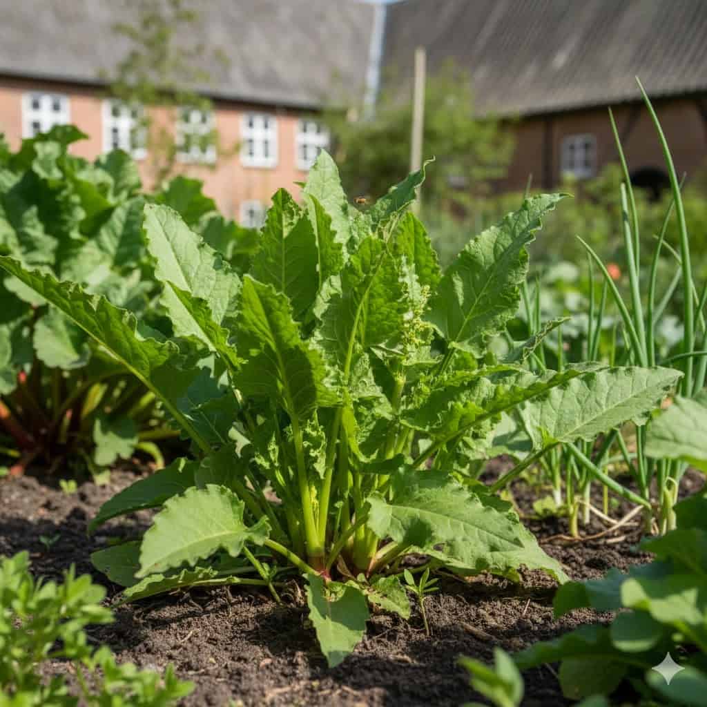 Et stemningsfuldt billede af stolthenriks gåsefod (Blitum bonus-henricus) i en frodig, dansk forårshave. Planten står i sol eller halvskygge, omgivet af andre flerårige grøntsager som rabarber og pibeløg. Fokus er på de store, pileformede, grønne blade med bølget kant og de unge, lysegrønne skud, der titter op af den næringsrige, mørke jord. I baggrunden anes en gammel gård eller et kloster, og små insekter summer omkring de diskrete blomsterknopper. Stemningen er rolig, naturlig og inspirerende, med et strejf af nordisk forår.