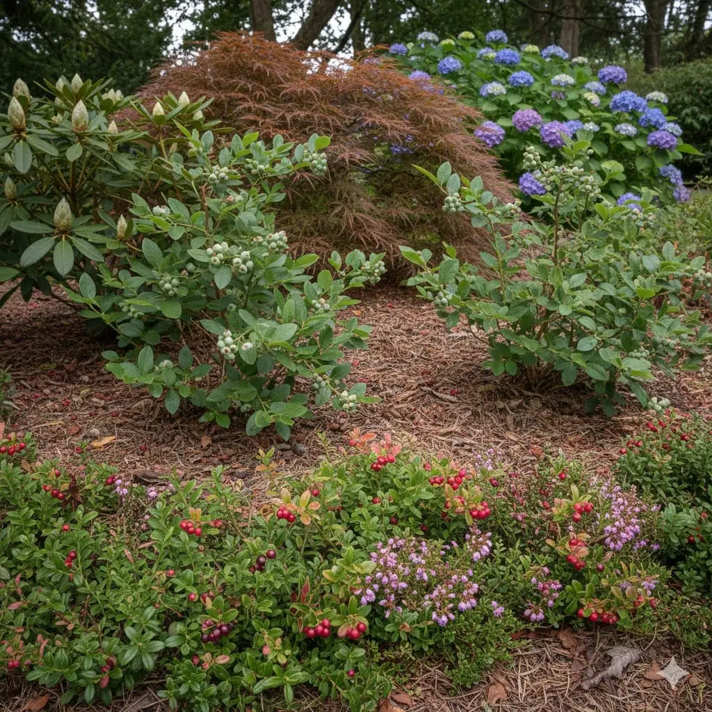 Et stemningsfuldt billede af et frodigt surbundsbed i haven, hvor forskellige spiselige bunddækkeplanter vokser tæt sammen under større buske som rhododendron og blåbærbuske. I forgrunden ses lave, stedsegrønne planter som tranebær, tyttebær og bærlyng, der danner et farverigt tæppe med røde og lilla bær. I baggrunden står en japansk løn og blomstrende hortensia, omgivet af grønne blade og let skygge. Jorden er dækket af barnåle og blade, og der er en følelse af frodighed, biodiversitet og naturlig harmoni.