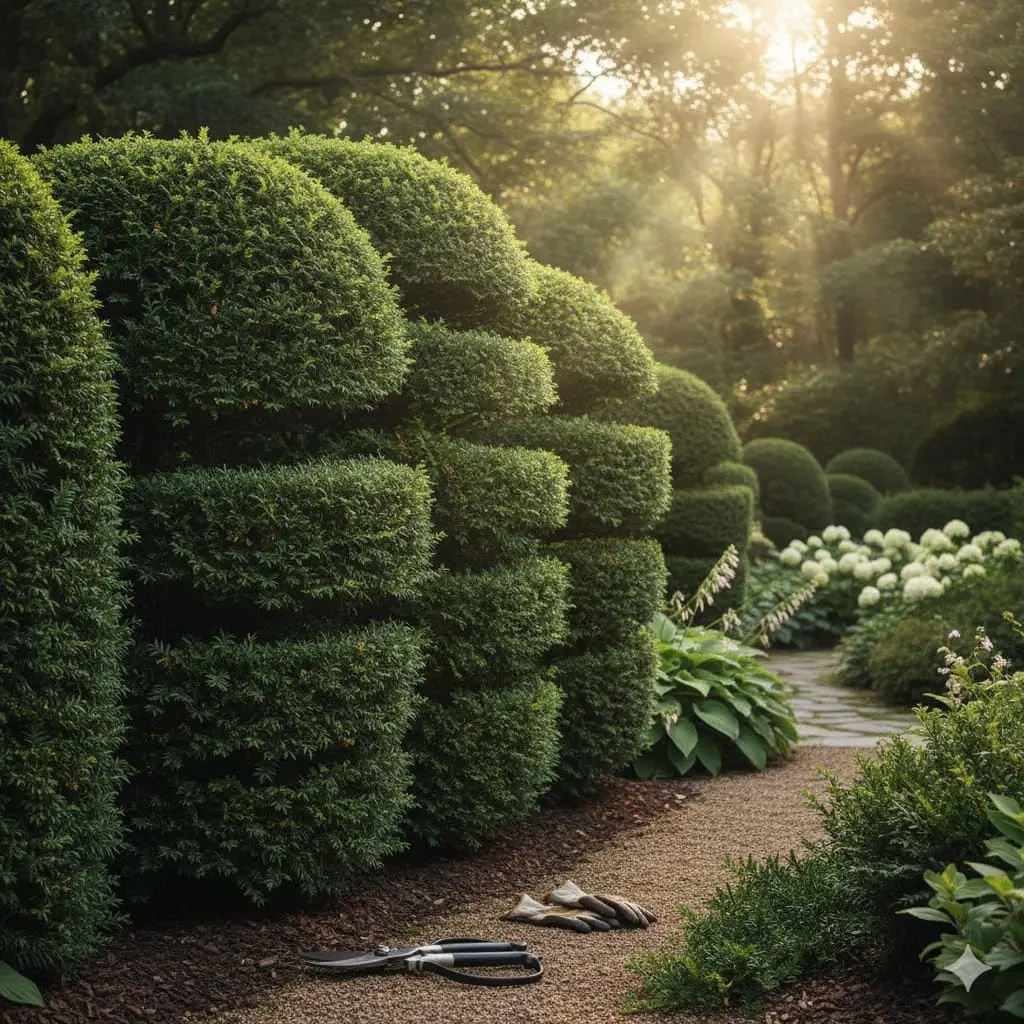En tæt, frodig takshæk i en skyggefuld have, hvor morgensolen filtrerer gennem trækronerne. Hækken er nyligt beskåret i elegante, bløde former, og de mørkegrønne, stedsegrønne nåle står i smuk kontrast til lysegrønne skud. I forgrunden ses et par beskæringssakse og handsker, mens baggrunden antyder en rolig, velplejet have med blomstrende buske og et lille stisystem. Stemningen er fredfyldt og indbydende, med fokus på naturens skønhed og havearbejdets glæde.