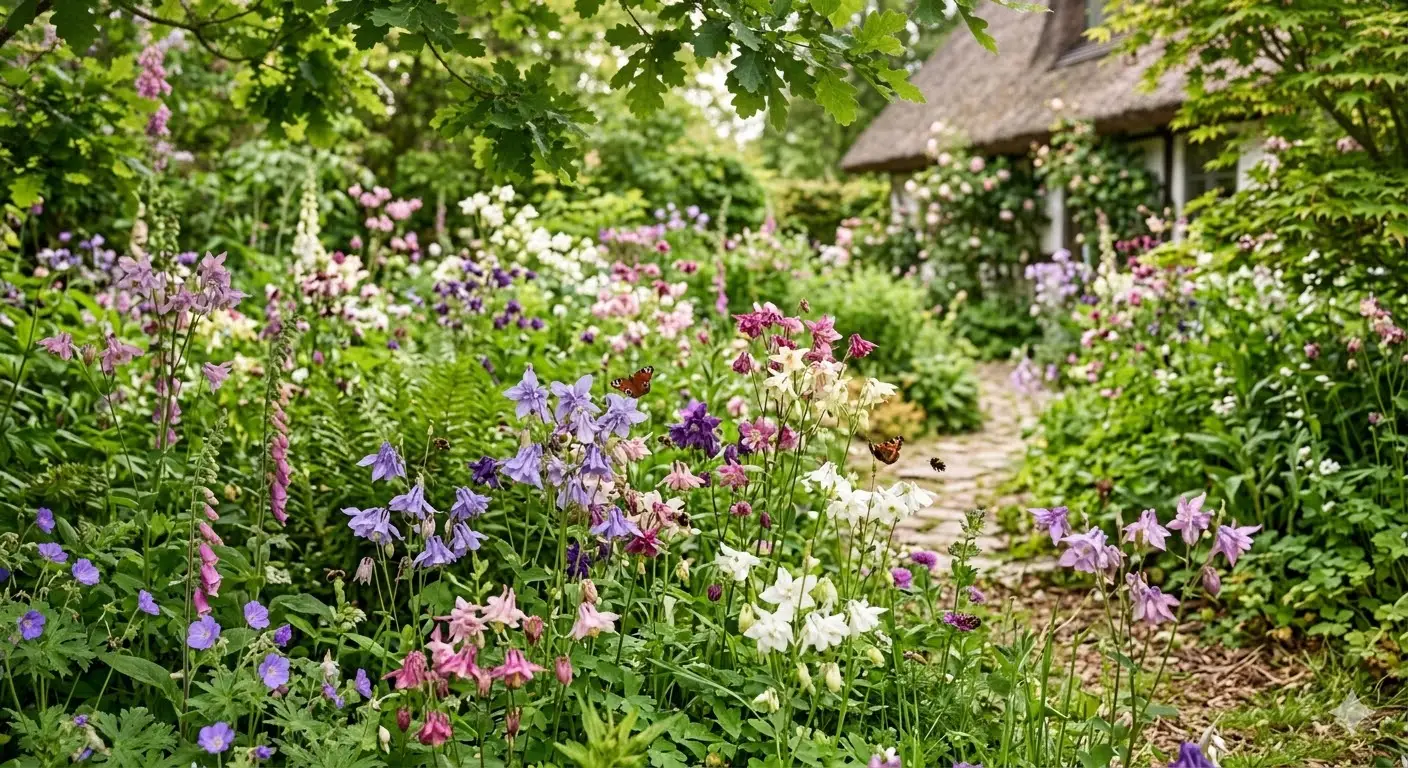 En farverig forårshave fyldt med blomstrende akeleje i forskellige nuancer af lilla, pink og hvid. Solen skinner blidt gennem grønne blade, og bier samt sommerfugle sværmer omkring blomsterne. Stemningen er fredfyldt og naturlig, med et strejf af vildskab, der understreger havens insektvenlige karakter.