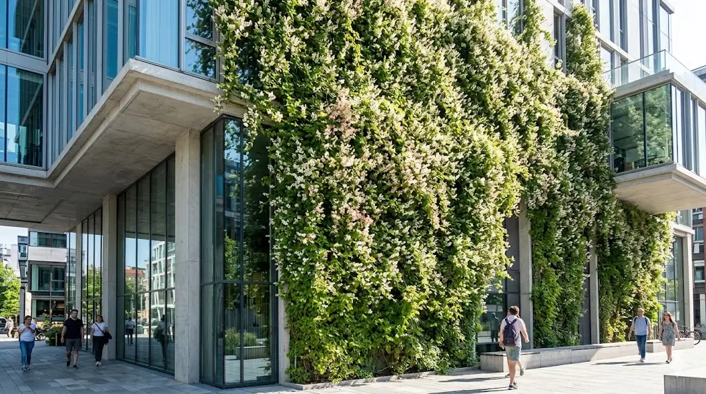 En frodig, grøn væg dækket af den robuste klatreplante "arkitektens trøst", der hurtigt breder sig og skaber et levende, naturligt udtryk. Sollyset filtrerer gennem bladene, og små blomster titter frem mellem det tætte løv. I forgrunden ses en moderne bygning, hvor planten bidrager til både æstetik og bæredygtighed som en effektiv CO2-sluger. Stemningen er optimistisk, livlig og indbydende, med fokus på harmoni mellem arkitektur og natur.