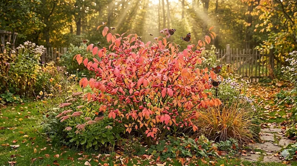 Et inspirerende billede af en frodig have i efteråret, hvor benved står i centrum med sine smukke, farvestrålende blade og dekorative bær. Rundt om planten summer bier og sommerfugle, der nyder godt af de insektvenlige omgivelser. Baggrunden viser et naturligt, dansk havemiljø med andre hjemmehørende planter og bløde solstråler, der fremhæver efterårets varme farver.