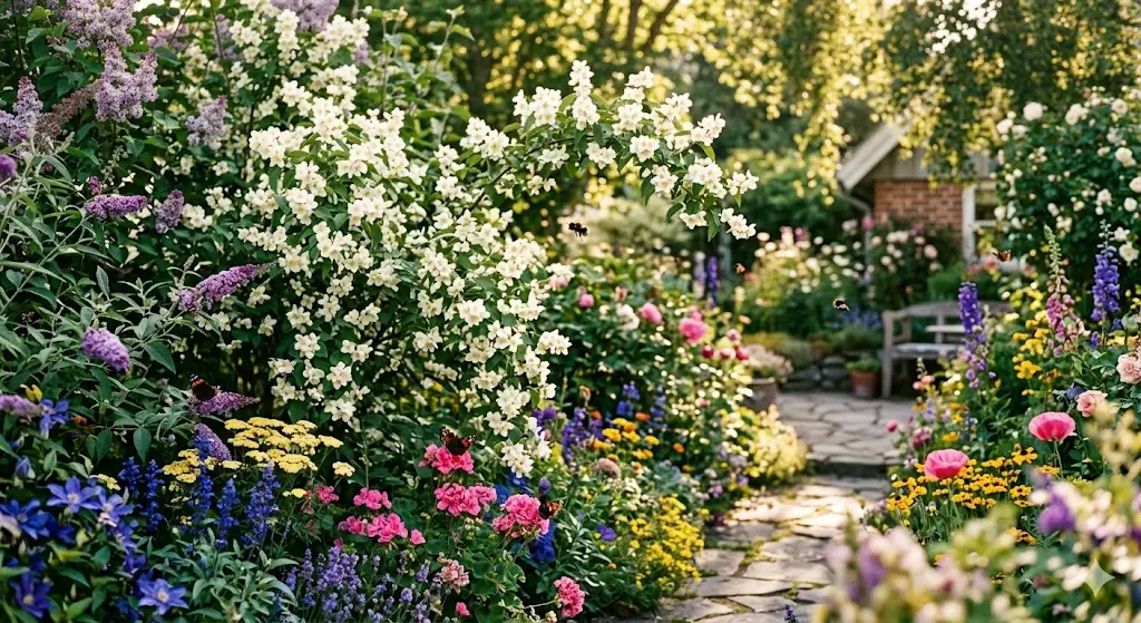 Et stemningsfuldt billede af en duftende have i fuldt flor, hvor pibeved og andre insektvenlige prydbuske blomstrer side om side med farverige sommerblomster. Sollyset filtrerer blidt gennem grønne blade, bier og sommerfugle sværmer omkring blomsterne, og haven fremstår som en frodig, indbydende oase fyldt med liv og duft.