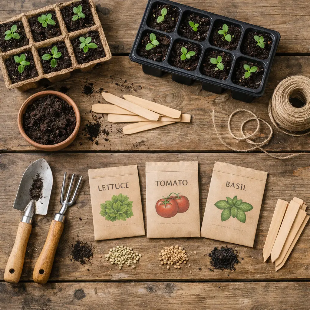 Top view flat lay of gardening tools, seed packets, seed trays with young green seedlings, soil and wooden plant labels on a rustic wooden table, spring gardening concept, Scandinavian minimal style, natural textures, soft diffused morning light, earthy tones, realistic photography, high detail, editorial garden magazine style