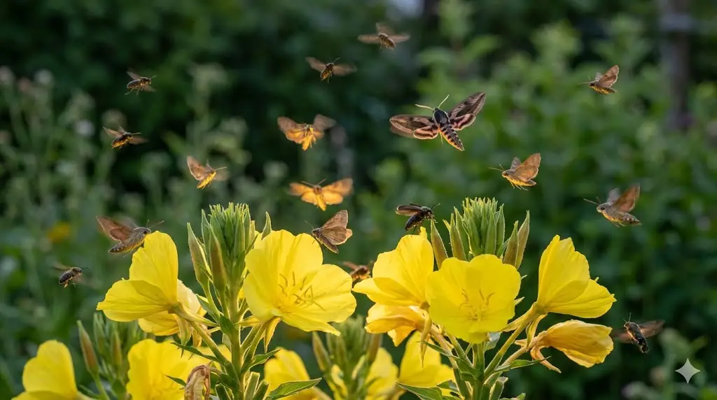 En frodig sommerhave i skumringen, hvor store, gule kæmpenatlys blomstrer i forgrunden. Rundt om blomsterne sværmer små nat-insekter, oplyst af det bløde, gyldne lys fra blomsterne. I baggrunden ses grønne planter og et roligt, naturligt miljø, der emmer af ro og sommerstemning. Stemningen er magisk og indbydende, med fokus på samspillet mellem kæmpenatlys og de fascinerende nat-insekter.