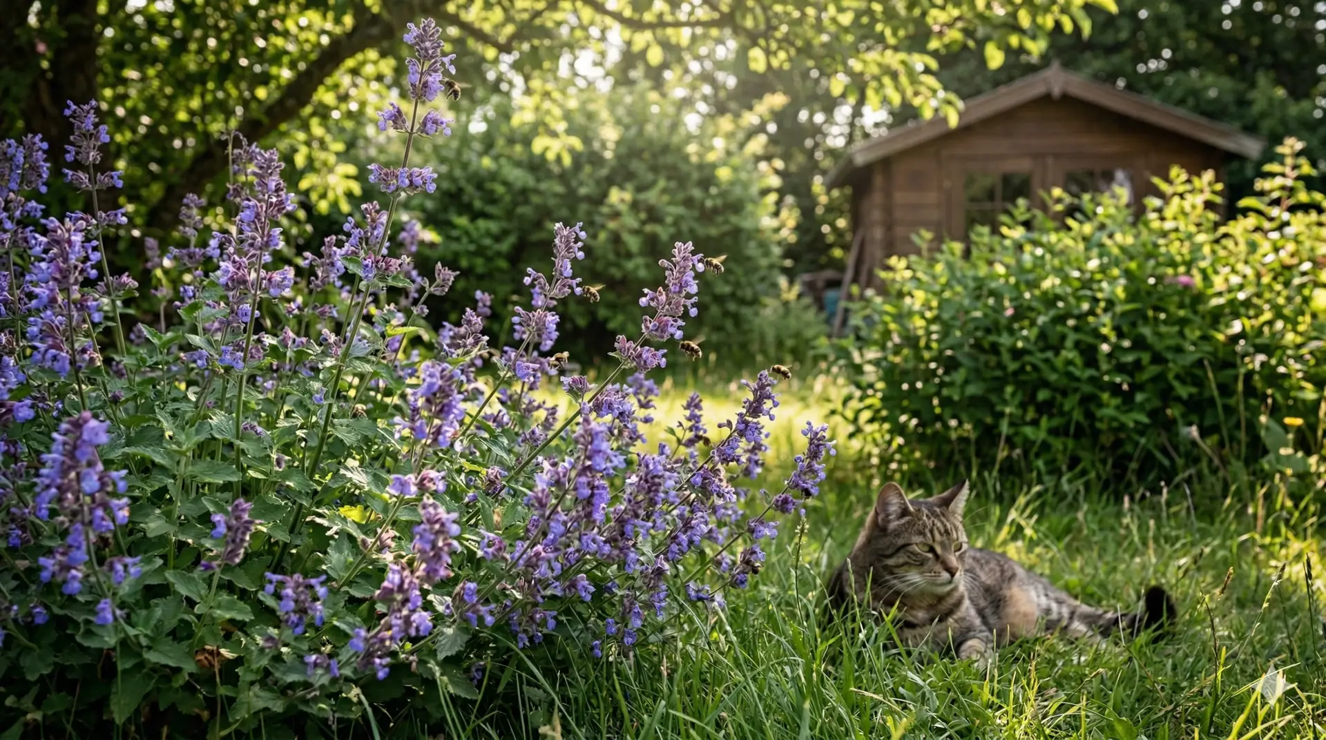 Et stemningsfuldt billede af en frodig have i sommerlys, hvor kattemynte blomstrer i lilla og blå nuancer. Bier summer omkring blomsterne, og en kat ligger afslappet i græsset ved siden af planterne. Baggrunden viser grønne buske og et lille haveskur, mens solen skinner blidt gennem trækronerne og skaber et idyllisk, naturligt miljø.
