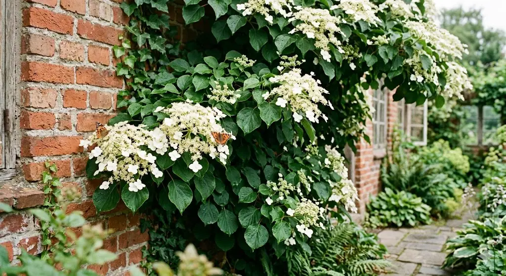 En frodig klatrehortensia vokser op ad en gammel murstensfacade i skyggefuldt, blødt dagslys. De store, hvide blomsterskærme lyser op mod den grønne baggrund af blanke blade. Stemningen er rolig og indbydende, med et strejf af romantik og naturlig elegance. Små detaljer som dugdråber på bladene og et par sommerfugle, der svæver omkring blomsterne, fuldender billedet.