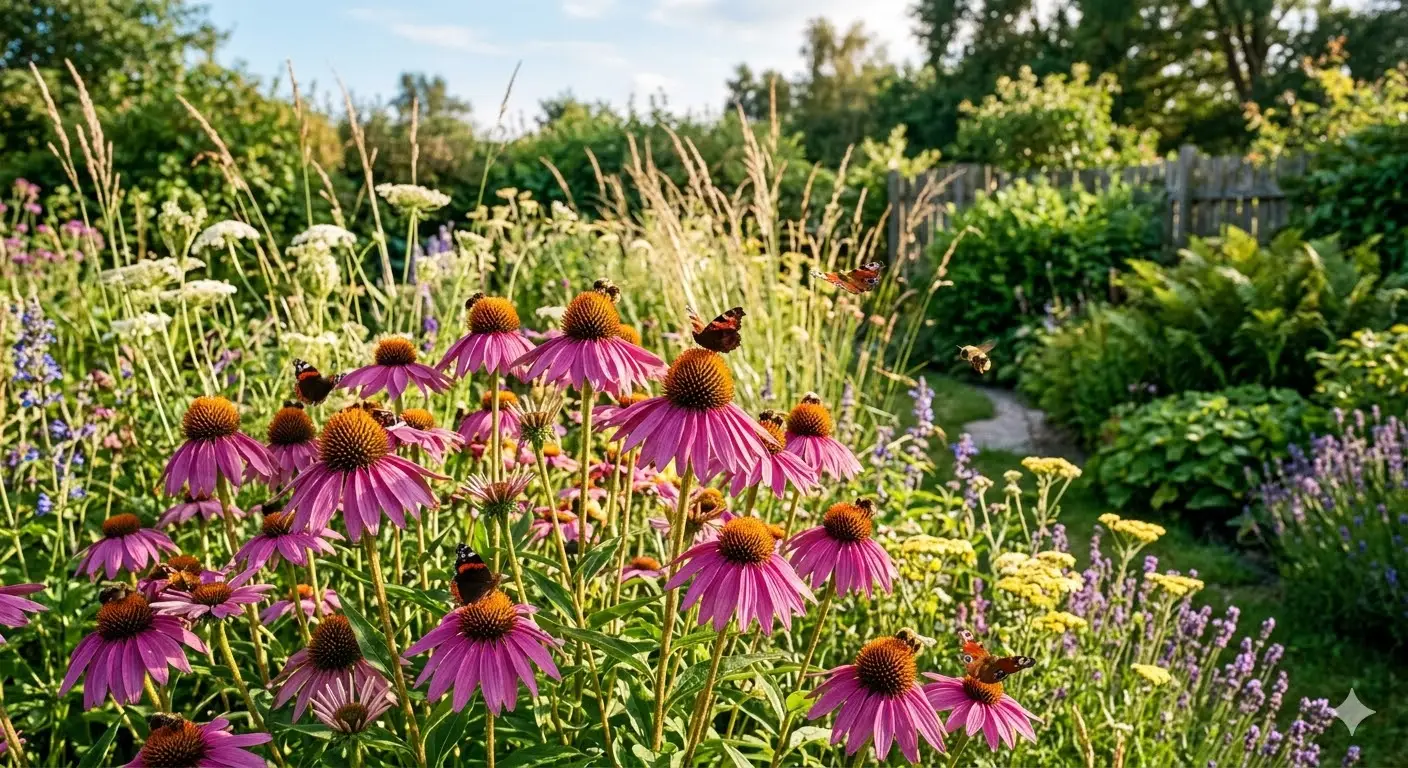 En frodig naturhave i sommerlys med en gruppe purpursolhat (Echinacea purpurea) i fuldt flor i forgrunden. Blomsterne står ranke med deres karakteristiske lilla kronblade og gyldne midterknap, omgivet af summende bier og sommerfugle. I baggrunden ses vilde græsser, grønne buske og et blødt, naturligt lys, der skaber en fredfyldt og indbydende stemning. Farverne er levende og harmoniske, og billedet udstråler både skønhed og biodiversitet.