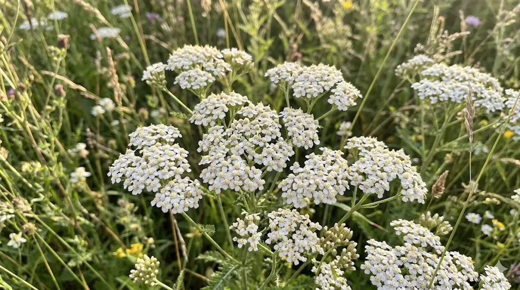 Et smukt nærbillede af røllike (Achillea millefolium) i en vild have. Solen skinner blidt, og blomsterne står i fuldt flor omgivet af naturligt, vildtvoksende græs og andre hjemmehørende planter. Farverne er lyse og naturlige, og stemningen er fredelig og inspirerende – et perfekt eksempel på en tørketolerant lægeplante, der trives i en bæredygtig, vild have.