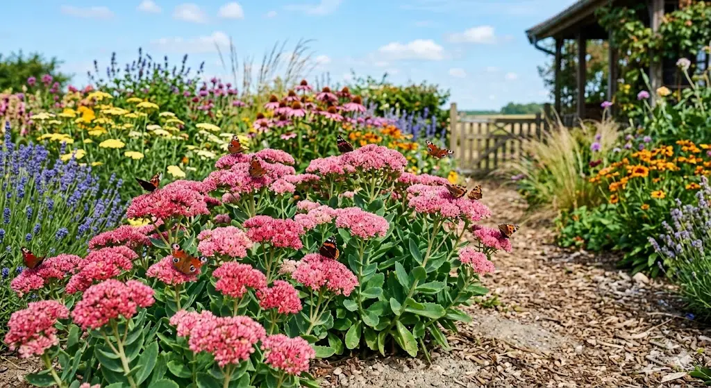 En frodig have i fuldt flor, hvor Sankthansurt blomstrer i smukke, lyserøde nuancer. Planterne står i sollys omgivet af sommerfugle, der svæver fra blomst til blomst. Jorden er tør, men planterne trives og udstråler robusthed og livsglæde. Baggrunden viser en blå sommerhimmel og andre tørkeresistente stauder, der skaber et harmonisk og farverigt udtryk.