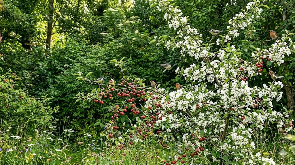 Et naturligt vildt haveområde med en frodig, grøn baggrund. I forgrunden står en robust 51’sargentsæble-busk i fuld hvid blomstring. Rundt om busken ses små fugle, der spiser af de røde æbler eller sidder i grenene. Stemningen er livlig, naturlig og indbydende – et perfekt eksempel på, hvordan sargentsæble bidrager til biodiversitet og fugleliv i haven.