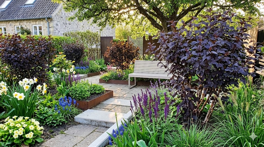 En moderne byhave med blærespiræa-buske i fokus. Buskene har mørkt, næsten lilla løv og står i smukke, velplejede bede omgivet af grønne planter og blomster. Haven er indrammet af stilrene stier og små, dekorative elementer som sten eller træbænke. Sollyset filtrerer blidt gennem trækronerne og skaber et harmonisk, indbydende udtryk, der fremhæver blærespiræaens karakteristiske farver og struktur. Stemningen er rolig, moderne og inspirerende – perfekt til en byhave, hvor både æstetik og robusthed er i højsædet.