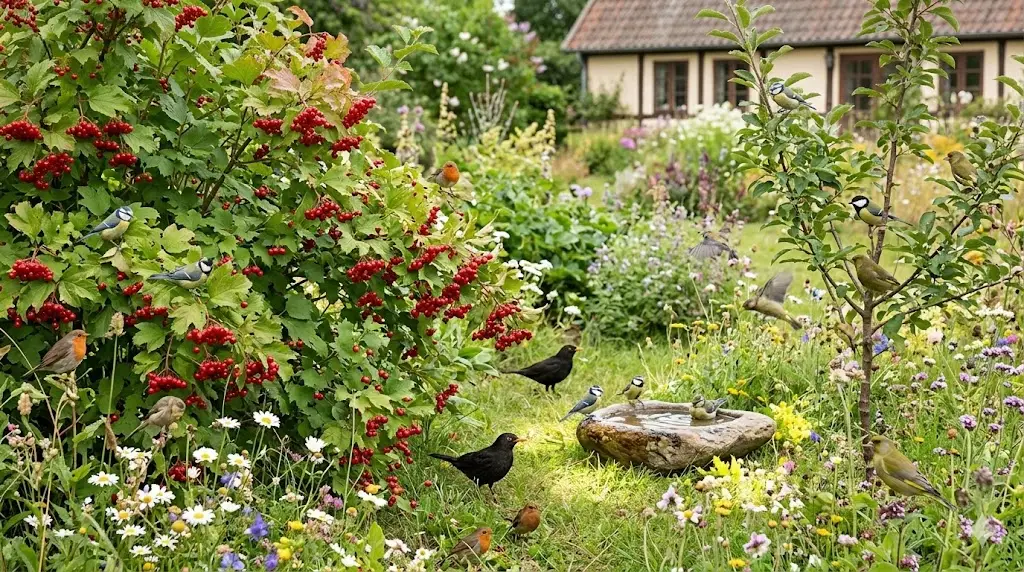 Et inspirerende billede af en dansk fuglehave fyldt med hjemmehørende planter som kvalkved med røde bær, hvor forskellige fuglearter samles omkring buske og blomster. Haven er frodig, naturlig og indbydende, med varieret beplantning, små træer, vilde blomster og et lille fuglebad. Stemningen er fredfyldt og livlig, med fokus på biodiversitet og harmoni mellem planter og fugle.