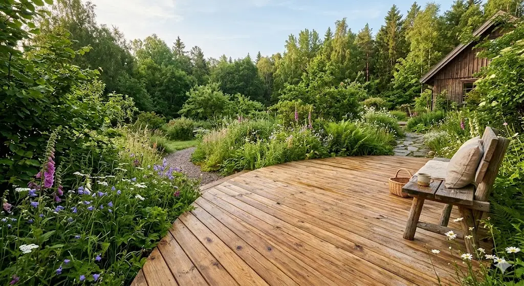 Et smukt, naturligt lærketræsterrasse i morgensol, omgivet af frodige grønne planter og vilde blomster. Træets varme, gyldne nuancer fremhæves af det bløde lys, og overfladen ser frisk og naturligt imprægneret ud – uden kemikalier. Stemningen er rolig og indbydende, med fokus på bæredygtighed og klimavenligt byggeri.