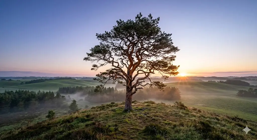 Et majestætisk skovfyr træ står alene på en bakketop i det tidlige morgengry. Solens første stråler filtrerer gennem let tåge og fremhæver træets skulpturelle, snoede grene. Baggrunden er dækket af bløde, grønne bakker og en klar blå himmel, der gradvist bliver lysere. Stemningen er rolig, naturlig og fuld af håb.