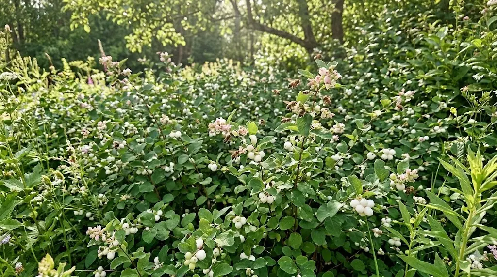 En frodig have med tætte, grønne snebærbuske, der danner et robust og bi-venligt bunddække. Små hvide bær lyser op mellem bladene, mens bier sværmer omkring buskenes blomster. Sollyset filtrerer blidt gennem trækronerne og skaber et fredfyldt, naturligt miljø, der emmer af liv og biodiversitet.