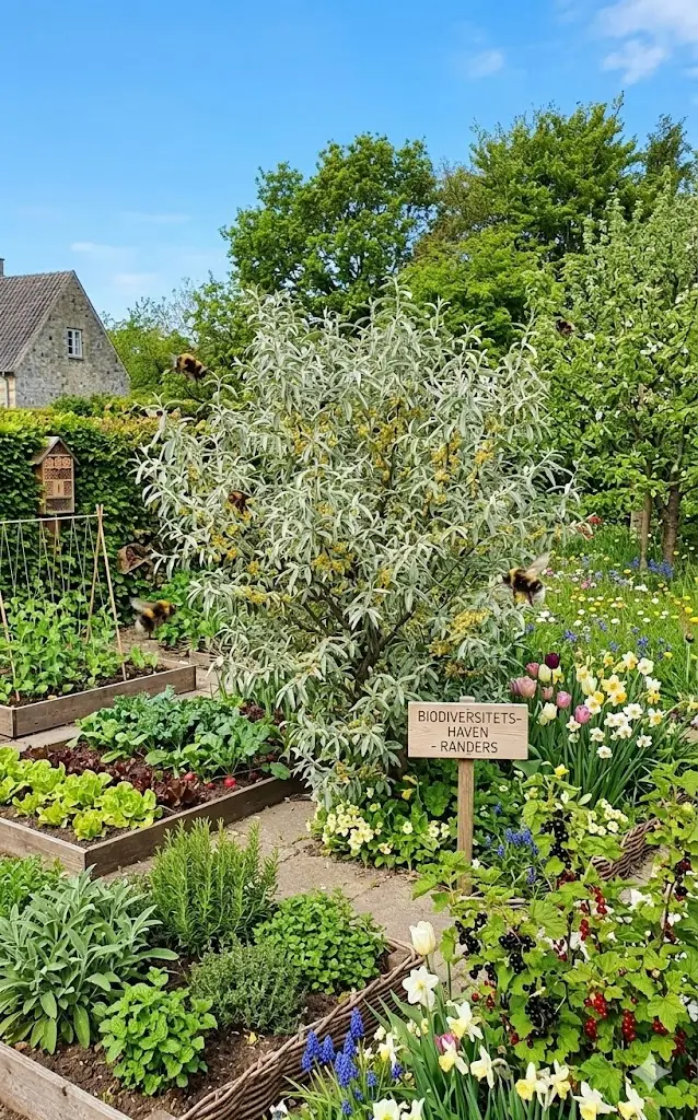 Et realistisk billede fra en dansk have - frodig have i foråret, hvor en robust sølvblad-busk står i centrum. Busken har sølvgrå blade, små gule blomster og er omgivet af vilde bier, der summer omkring blomsterne. I baggrunden ses andre spiselige planter og grønne træer under en klar blå himmel. Stemningen er livlig, naturlig og indbydende – et paradis for biodiversitet og bæredygtighed.