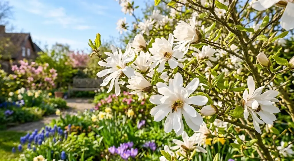 Et inspirerende billede af en stjernemagnolia i fuldt flor i en forårshave. Fokus på de smukke, stjerneformede hvide blomster, der lyser op blandt friske grønne blade. I baggrunden ses en frodig have med andre tidlige forårsblomster og et par summende bier, der samler nektar fra magnoliaens blomster. Stemningen er lys, optimistisk og fyldt med forårets energi.