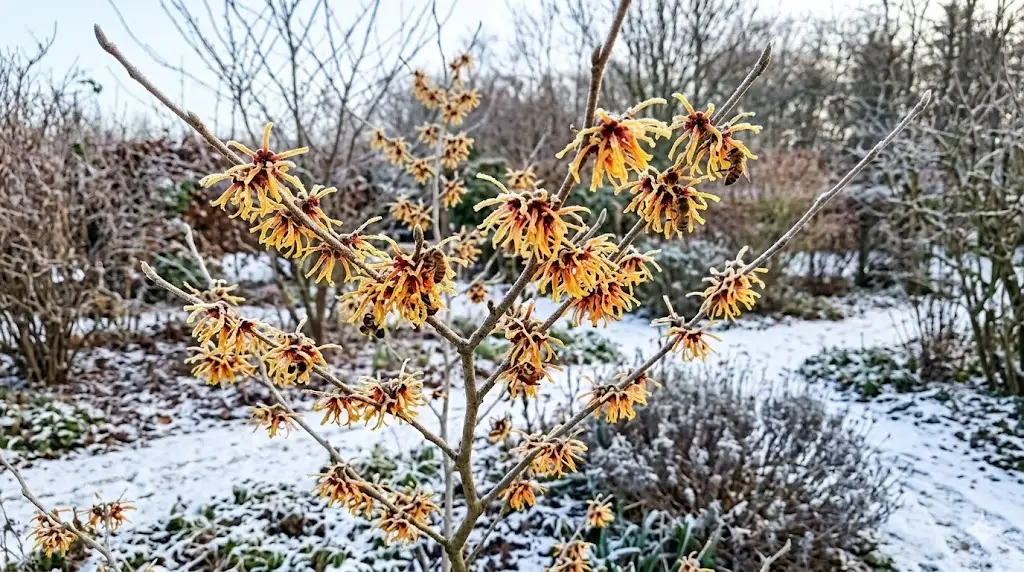 Et inspirerende billede af troldnød i haven: Viser de tidlige, duftende blomster, der lyser op i vinterhaven med deres karakteristiske gule og orange nuancer. Baggrunden er dækket af let rim eller sne, og et par bier eller insekter ses suge nektar fra blomsterne. Haven har en naturlig, struktureret opbygning med grene og buske, der fremhæver troldnøddens unikke form og farver. Stemningen er rolig, frisk og optimistisk – et smukt eksempel på vinterens liv og farverigdom.