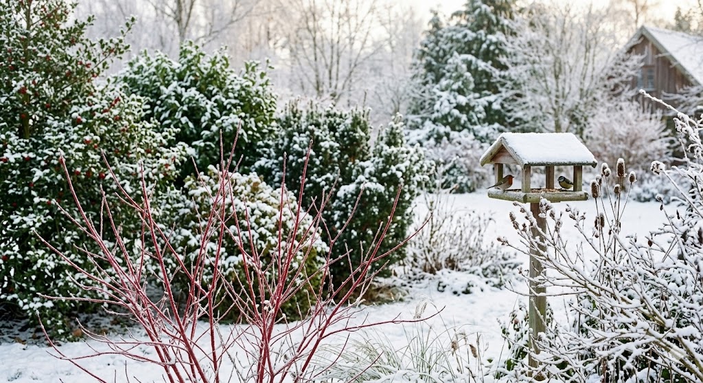 Et stemningsfuldt vinterhavebillede med hvid kornel i forgrunden. De karakteristiske røde grene skaber kontrast mod sneklædt jord og grønne buske. I baggrunden ses et par småfugle, der spiser fra et foderbræt, omgivet af frost og vinterlys. Naturlig, rolig og inspirerende atmosfære.