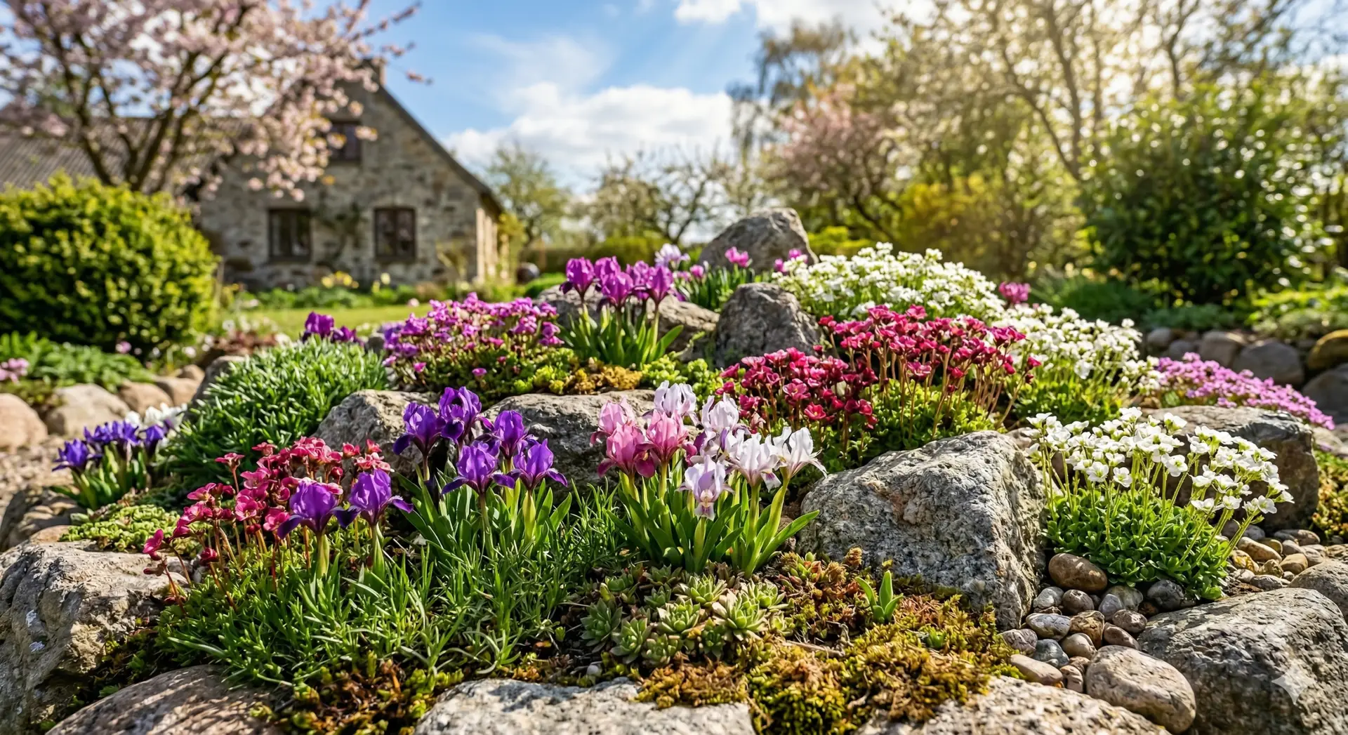 Et farverigt stenbed i forårssol, fyldt med blomstrende alpinedolke i lilla, pink og hvide nuancer. Små, robuste planter vokser mellem dekorative sten, omgivet af grønne blade og mos. Baggrunden viser en let sløret have med blå himmel og blide solstråler, der fremhæver planternes tidlige blomstring og tørkeresistens. Stemningen er fredfyldt og optimistisk, med fokus på naturens skønhed og robusthed.