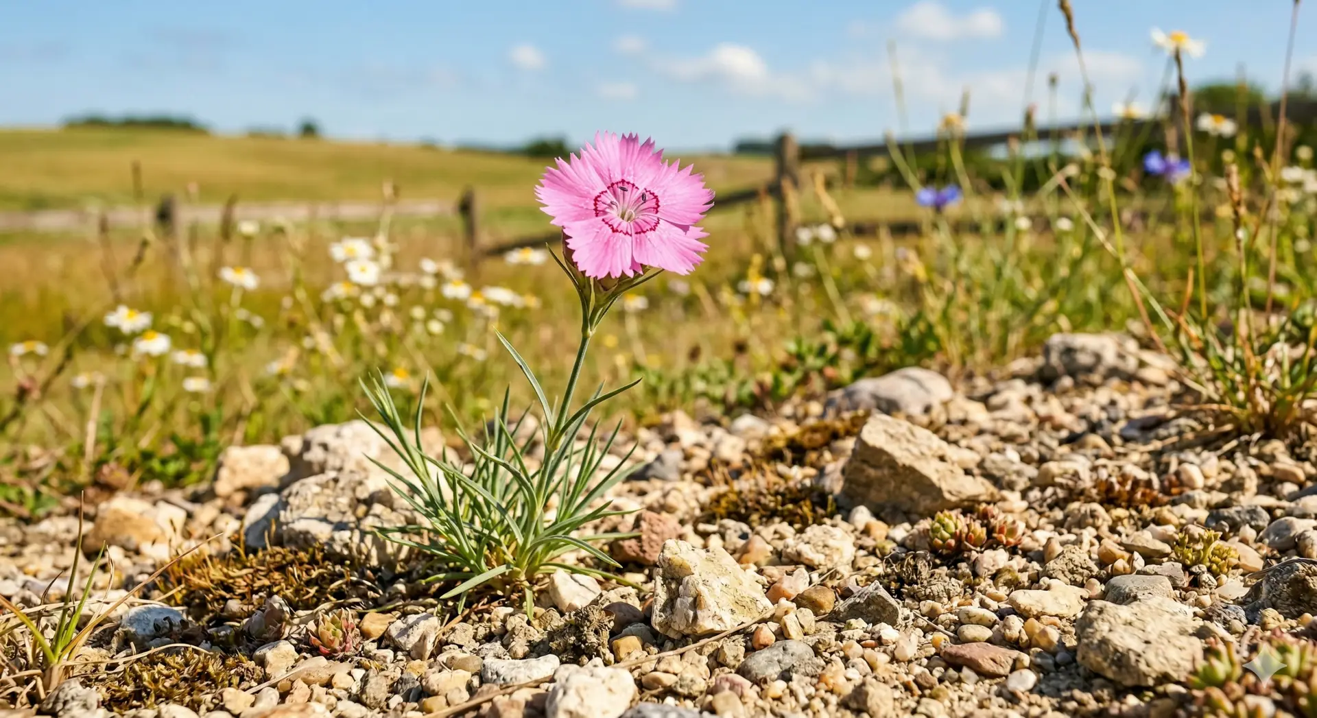 Et nærbillede af en lyserød bakkenellike, der står i et solrigt, tørt bed omgivet af grus og småsten. Blomsten ser stærk og frisk ud, med sarte lyserøde kronblade og grønne blade, mens baggrunden antyder et naturligt, dansk landskab i sommerlys. Stemningen er optimistisk og livskraftig, og billedet fremhæver både blomstens skønhed og dens evne til at trives i tørre omgivelser.