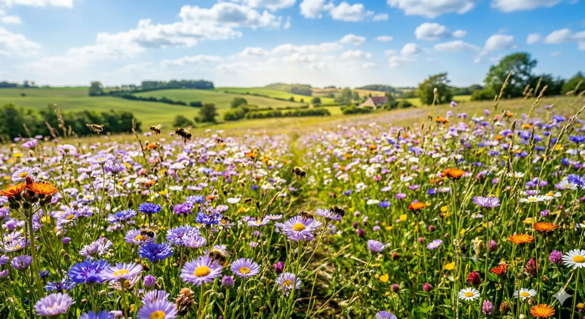 En farverig blomstereng i fuldt flor, domineret af bakkestjerner i forskellige nuancer af lilla, blå og hvid. Bier summer livligt omkring blomsterne under en klar blå himmel. I baggrunden ses bløde, grønne bakker og et strejf af sollys, der får blomsterne til at stråle. Stemningen er fredfyldt, naturlig og indbydende – et paradis for bier og blomsterelskere.