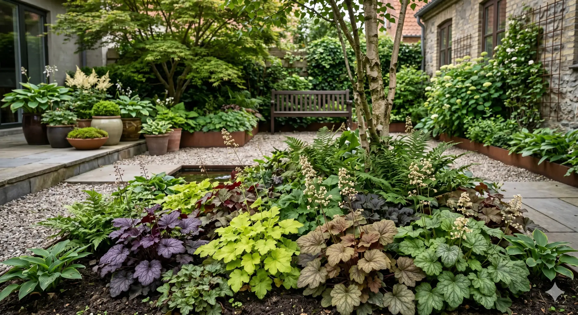 Et stemningsfuldt billede af bjerg-alunrod (Heuchera) i en skyggefuld byhave. Planterne har farvet løv i nuancer af grøn, lilla og bronze, og danner et tæt, robust bunddække under let skyggende træer. Små blomsterstande svæver elegant over bladene, mens baggrunden viser en moderne byhave med stier, krukker og grønne omgivelser. Stemningen er rolig og inspirerende, med fokus på planternes dekorative løv og evne til at trives i skygge.